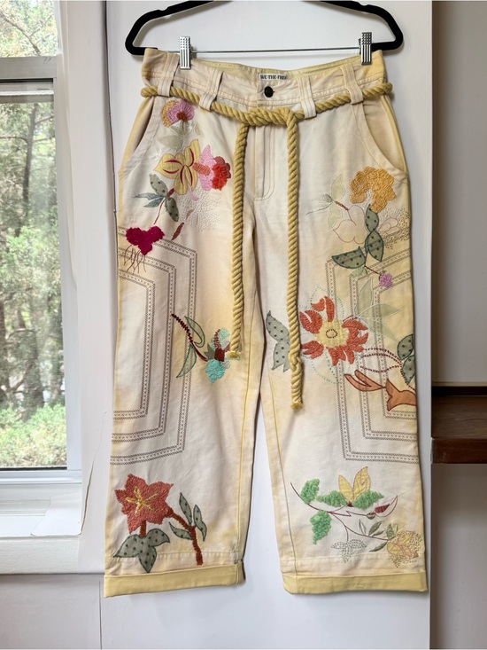 Free People Pants - Free People Low-Rise Embroidered Wide-Leg Drawstring Pants Electric Sands 6
